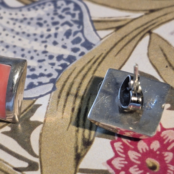 Rare Pink Coral 925 Sterling Silver Square Rare  Pink Coral and  Earrings - Picture 6 of 9